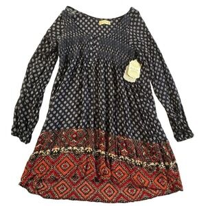 Altar'd State Women's Dress‎ Small Navy Bohemian Printed Long Sleeve Mini NEW